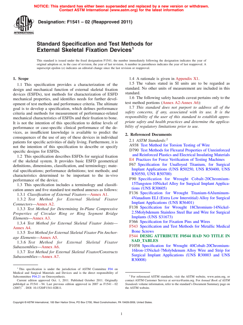 ASTM F1541-02(2011) - Standard Specification and Test Methods for External Skeletal Fixation Devices