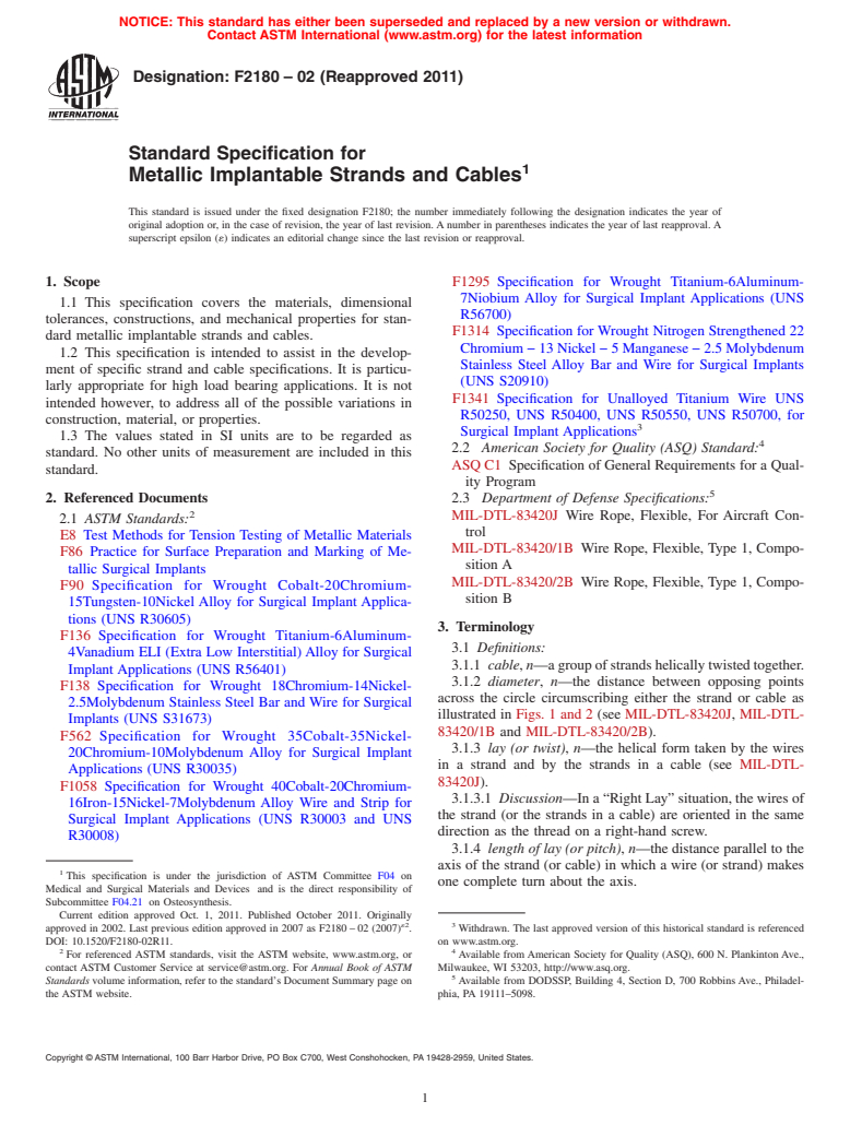 ASTM F2180-02(2011) - Standard Specification for Metallic Implantable Strands and Cables