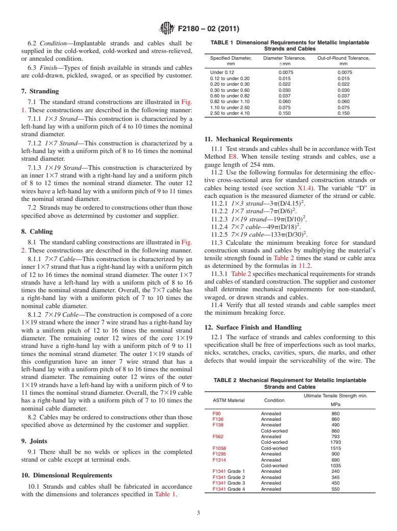 ASTM F2180-02(2011) - Standard Specification for Metallic Implantable Strands and Cables