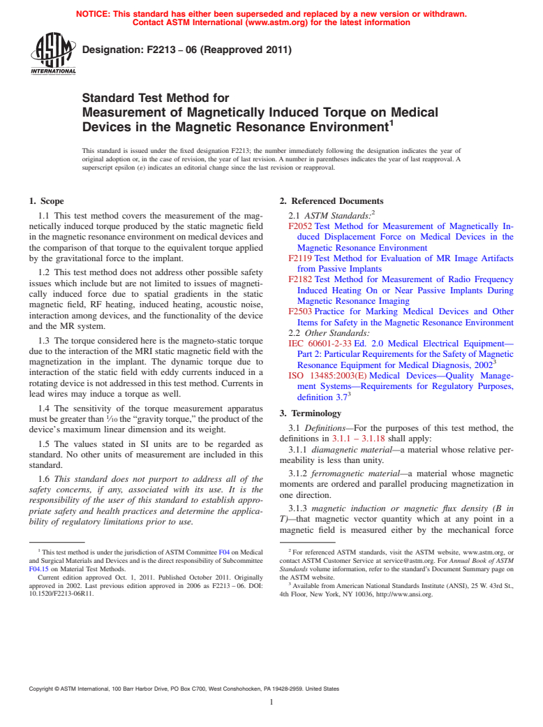 ASTM F2213-06(2011) - Standard Test Method for Measurement of Magnetically Induced Torque on Medical Devices in the Magnetic Resonance Environment