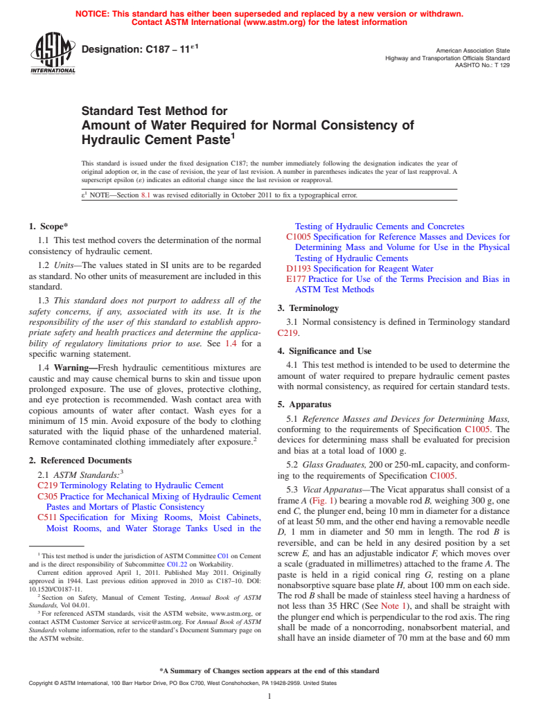 ASTM C187-11e1 - Standard Test Method for  Amount of Water Required for Normal Consistency of Hydraulic Cement Paste