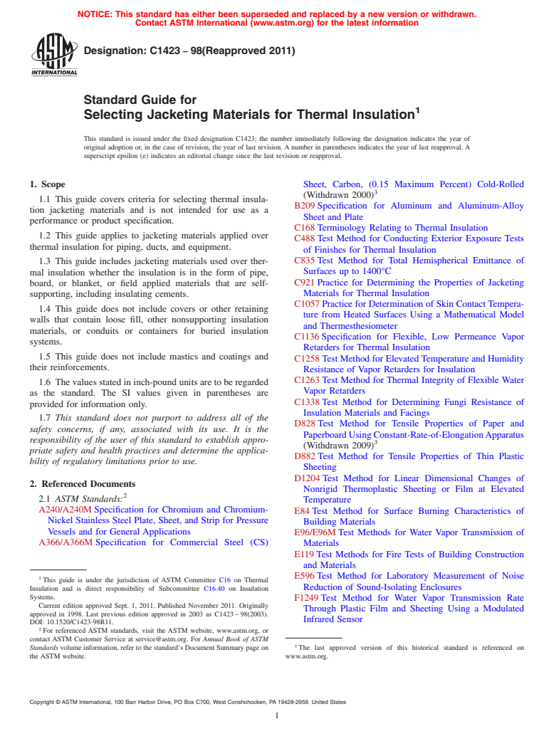 ASTM C1423-98(2011) - Standard Guide for Selecting Jacketing Materials for Thermal Insulation