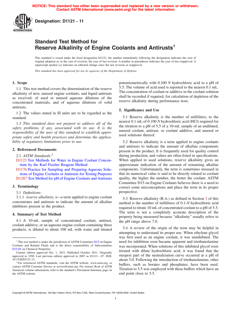 ASTM D1121-11 - Standard Test Method for  Reserve Alkalinity of Engine Coolants and Antirusts