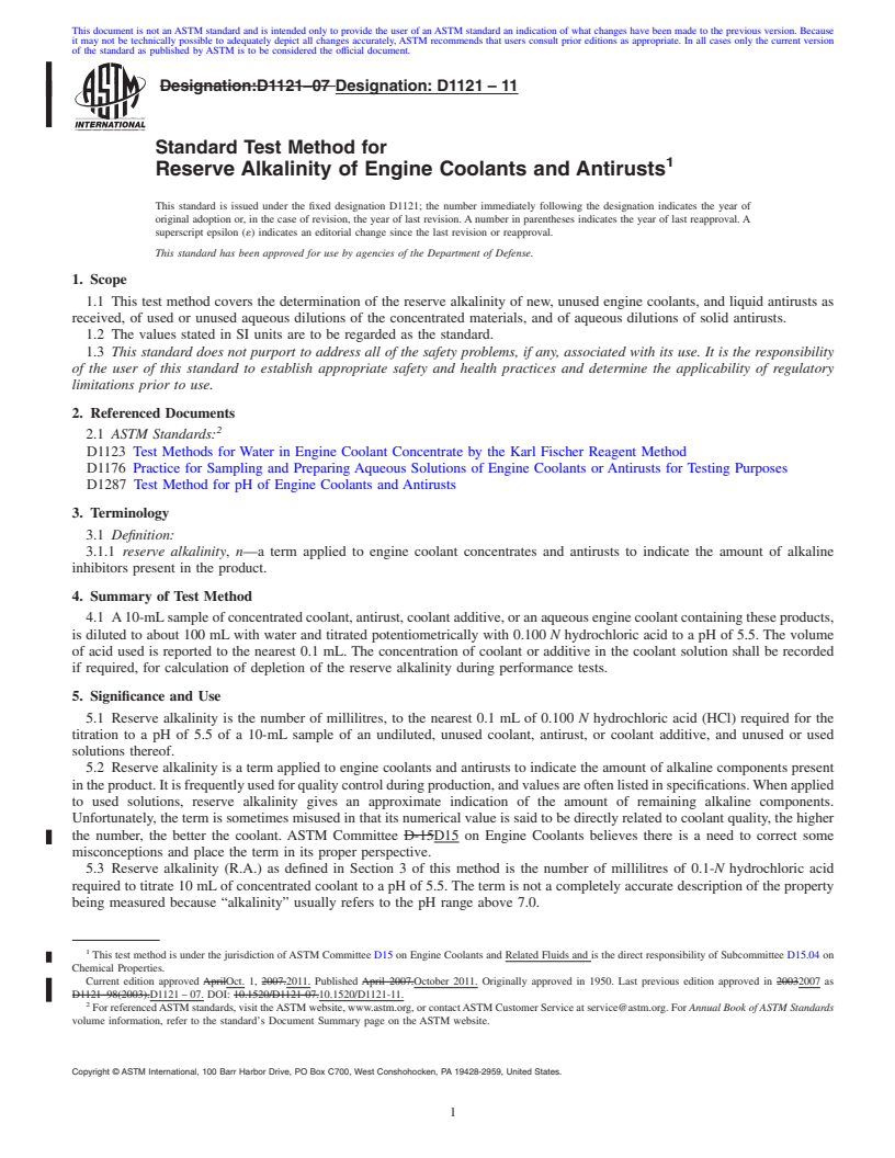 REDLINE ASTM D1121-11 - Standard Test Method for  Reserve Alkalinity of Engine Coolants and Antirusts