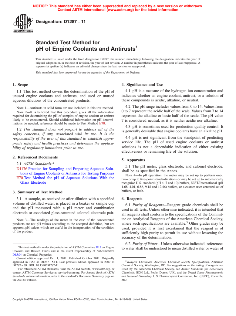 ASTM D1287-11 - Standard Test Method for  pH of Engine Coolants and Antirusts