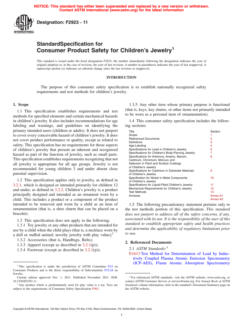ASTM F2923-11 - Standard Specification for Consumer Product Safety for Children<span class='unicode'>&#x2019;</span>s Jewelry