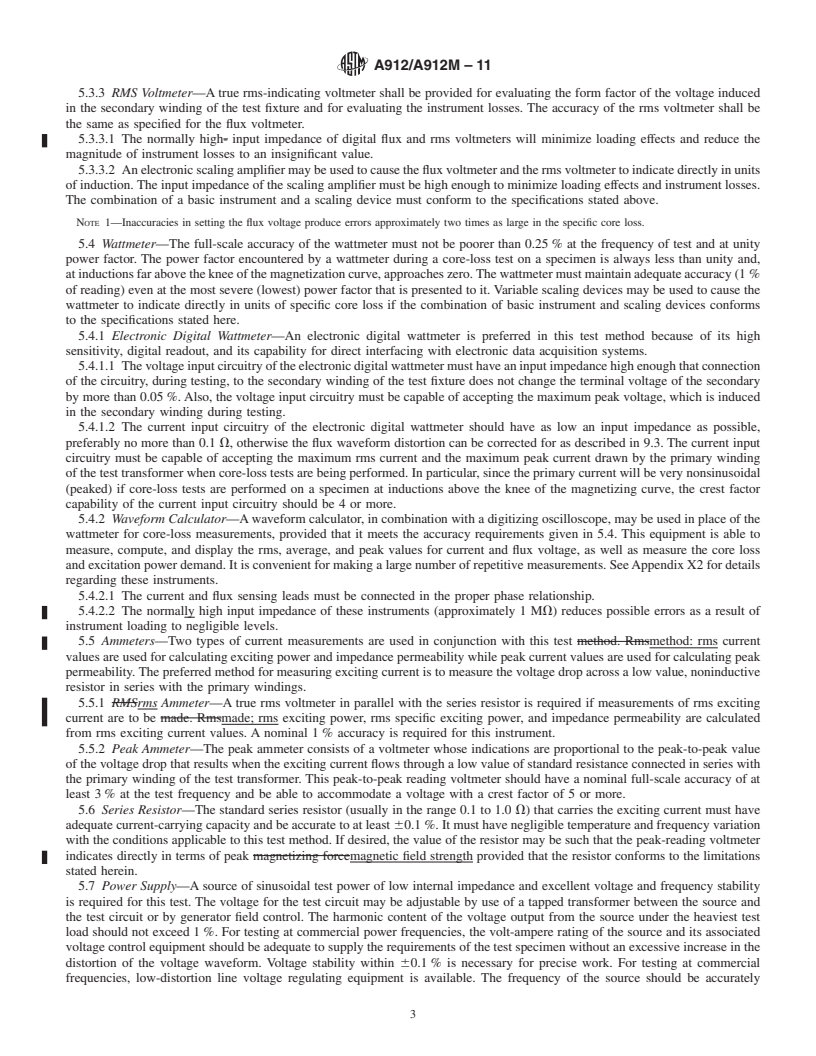 REDLINE ASTM A912/A912M-11 - Standard Test Method for Alternating-Current Magnetic Properties of Amorphous Materials at Power Frequencies Using Wattmeter-Ammeter-Voltmeter Method with Toroidal Specimens