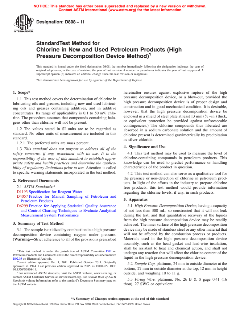 ASTM D808-11 - Standard Test Method for Chlorine in New and Used Petroleum Products (High Pressure Decomposition Device Method)