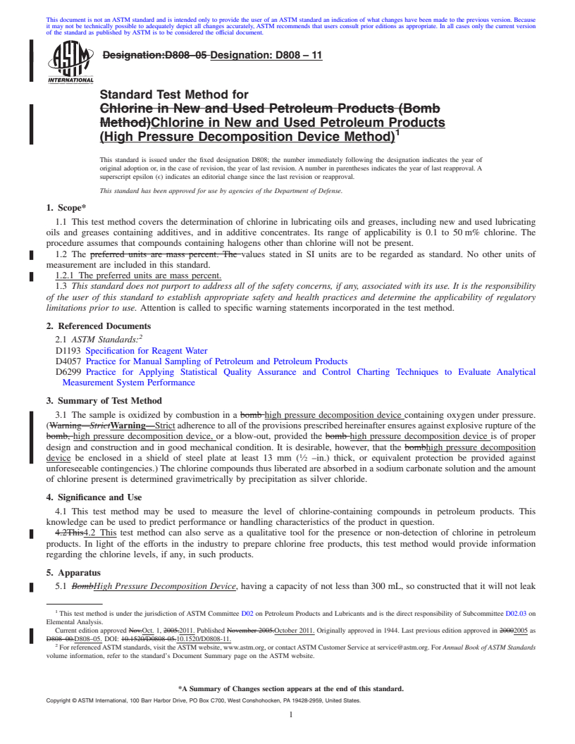 REDLINE ASTM D808-11 - Standard Test Method for Chlorine in New and Used Petroleum Products (High Pressure Decomposition Device Method)