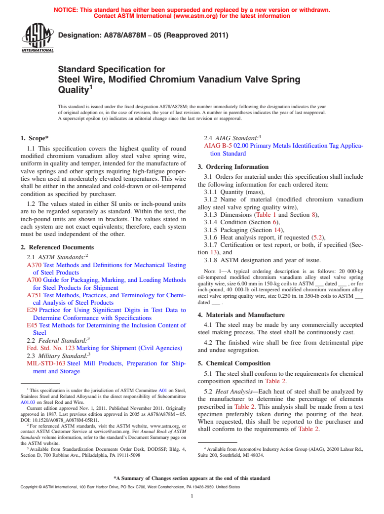 ASTM A878/A878M-05(2011) - Standard Specification for  Steel Wire, Modified Chromium Vanadium Valve Spring Quality