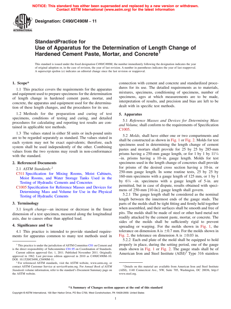 ASTM C490/C490M-11 - Standard Practice for Use of Apparatus for the Determination of Length Change of Hardened Cement Paste, Mortar, and Concrete