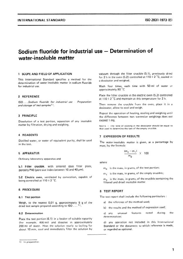 ISO 2831:1973 - Sodium fluoride for industrial use -- Determination of water-insoluble matter