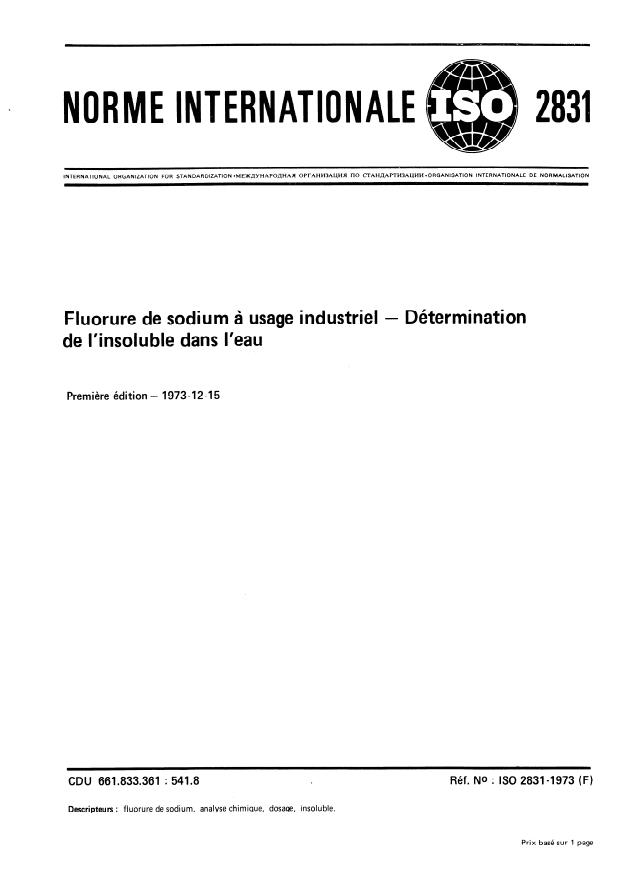 ISO 2831:1973 - Fluorure de sodium a usage industriel -- Détermination de l'insoluble dans l'eau