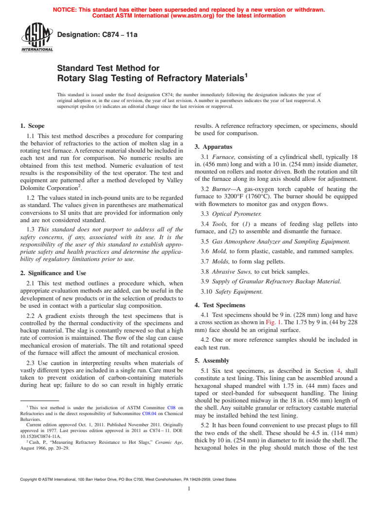 ASTM C874-11a - Standard Test Method for  Rotary Slag Testing of Refractory Materials (Withdrawn 2020)