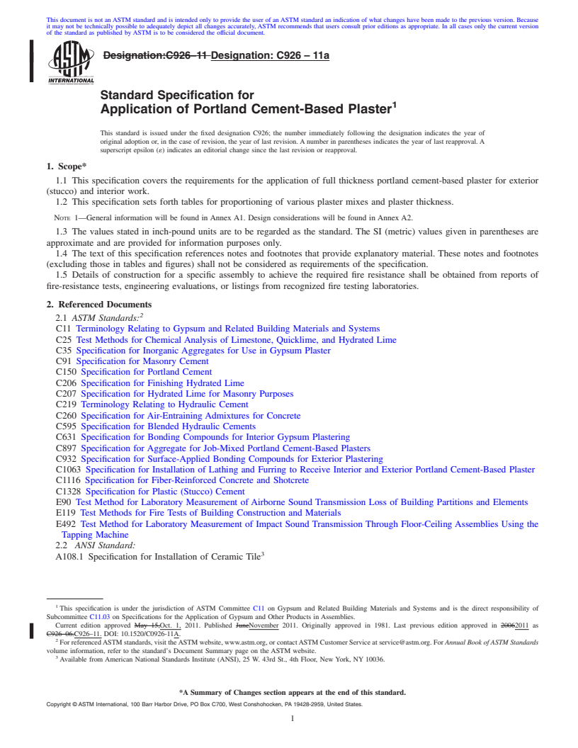 REDLINE ASTM C926-11a - Standard Specification for Application of Portland Cement-Based Plaster