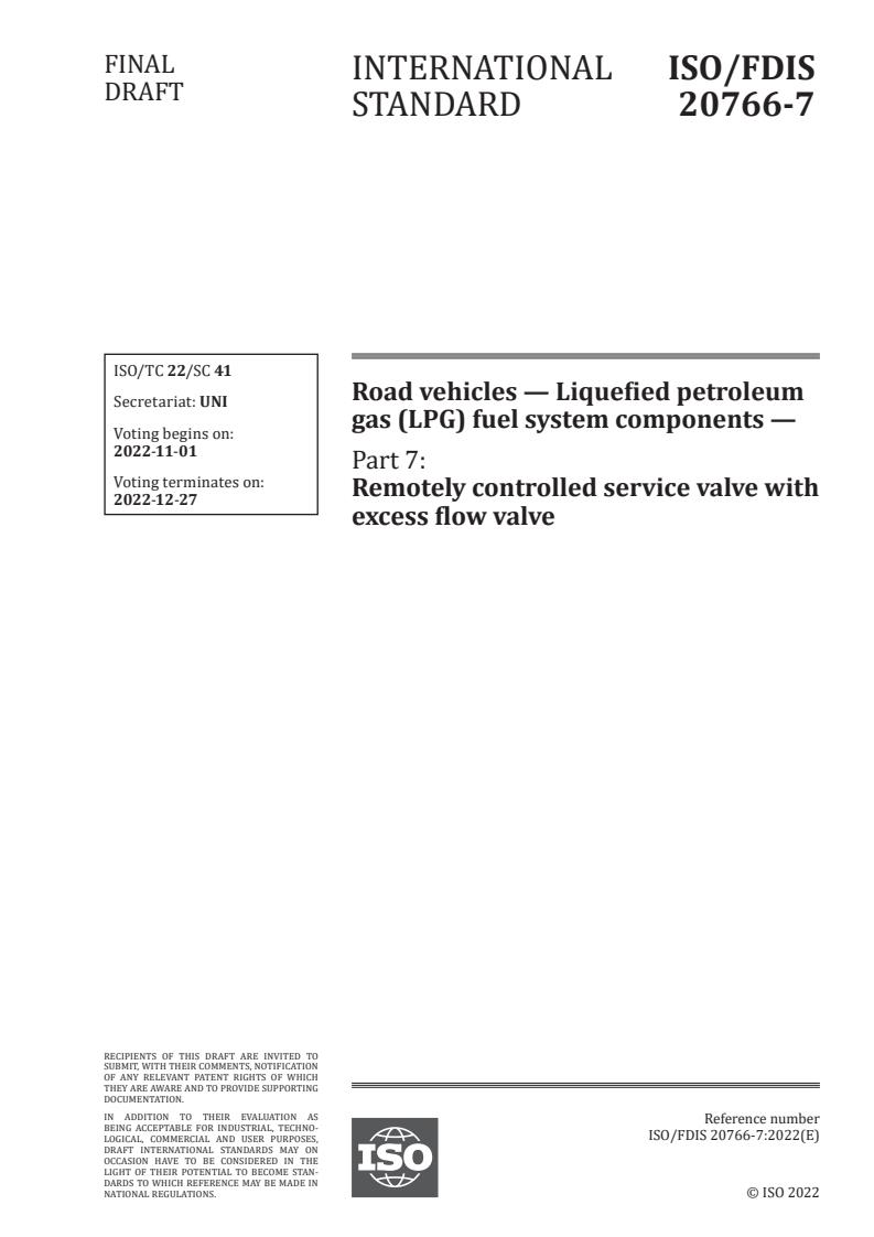ISO 20766-7:2023 - Road vehicles — Liquefied petroleum gas (LPG) fuel system components — Part 7: Remotely controlled service valve with excess flow valve
Released:10/18/2022