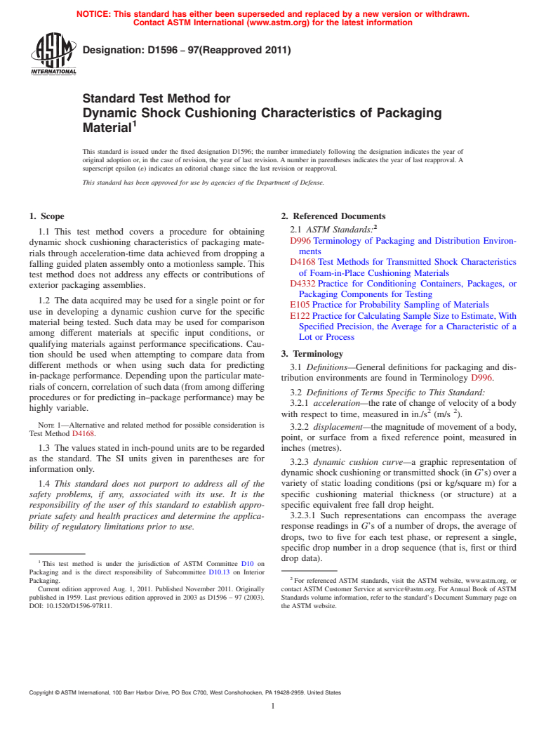 ASTM D1596-97(2011) - Standard Test Method for Dynamic Shock Cushioning Characteristics of Packaging Material