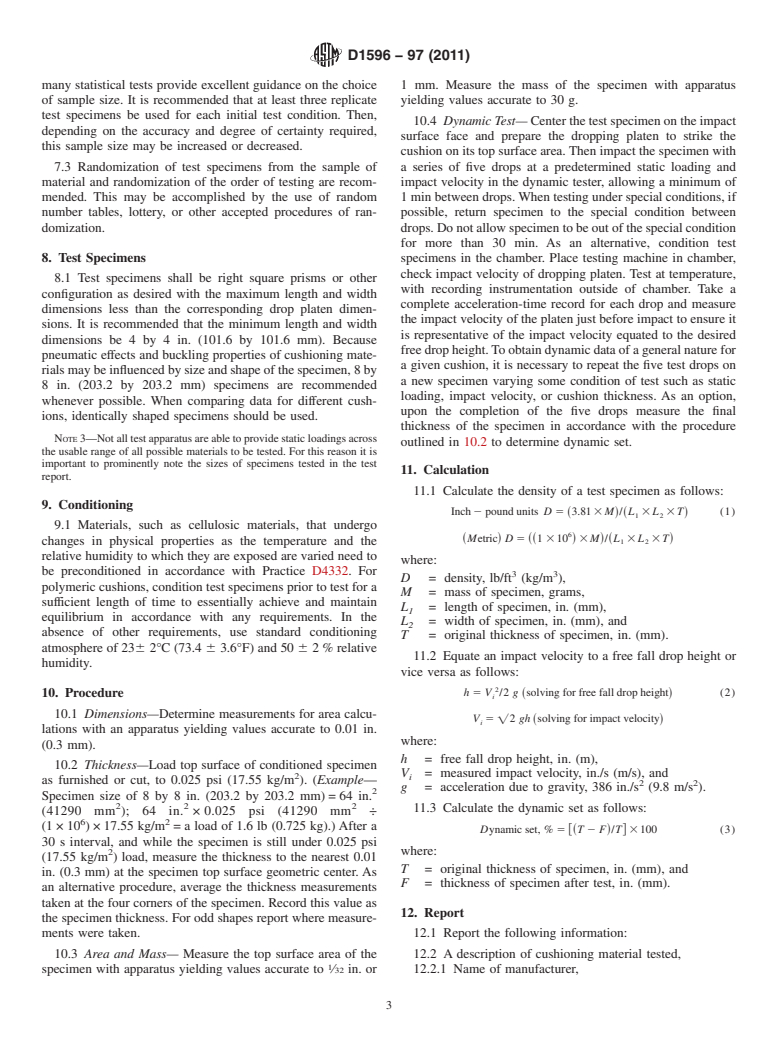 ASTM D1596-97(2011) - Standard Test Method for Dynamic Shock Cushioning Characteristics of Packaging Material