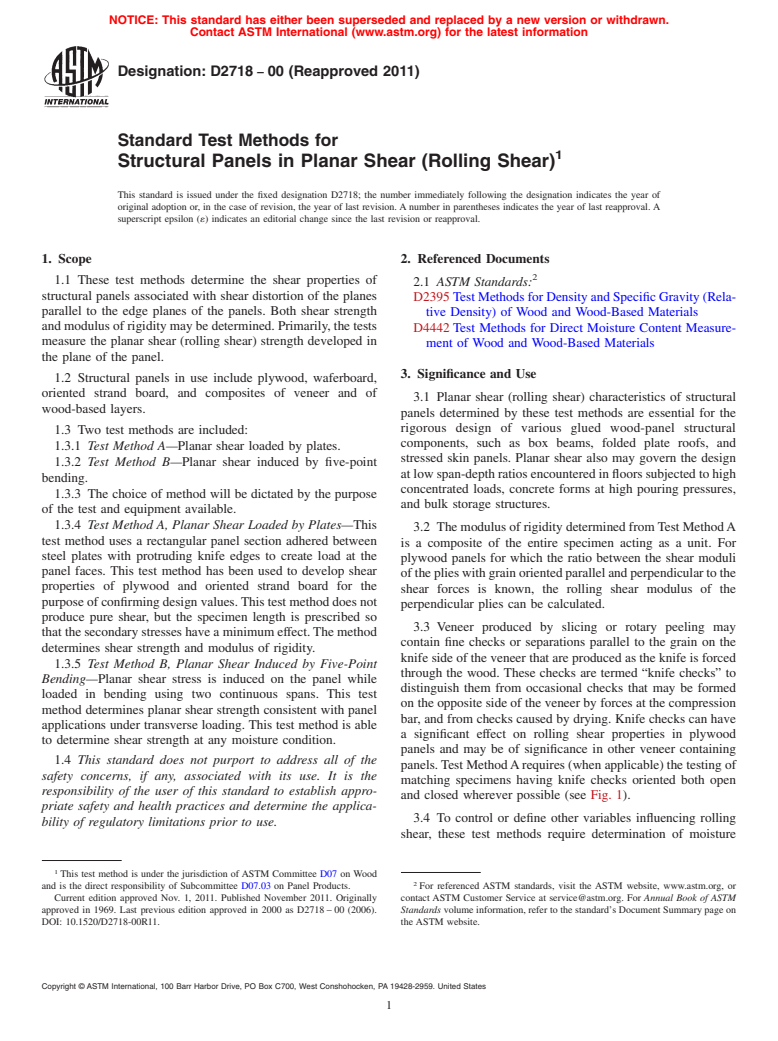 ASTM D2718-00(2011) - Standard Test Methods for  Structural Panels in Planar Shear (Rolling Shear)