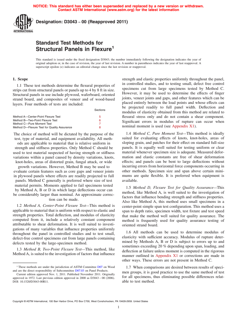 ASTM D3043-00(2011) - Standard Test Methods for Structural Panels in Flexure