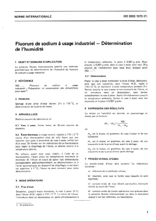 ISO 2832:1973 - Fluorure de sodium a usage industriel -- Détermination de l'humidité