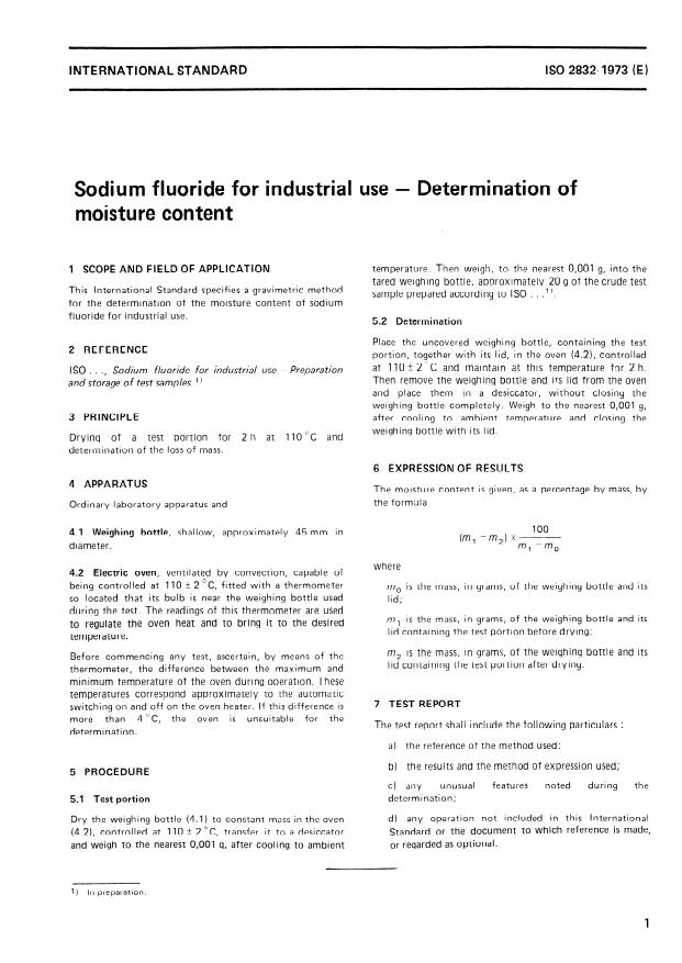 ISO 2832:1973 - Sodium fluoride for industrial use -- Determination of moisture content