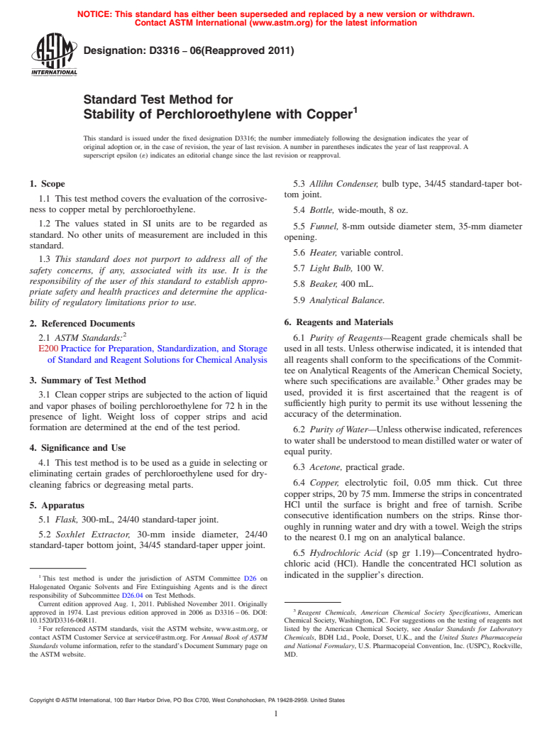 ASTM D3316-06(2011) - Standard Test Method for  Stability of Perchloroethylene with Copper