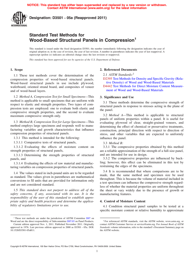 ASTM D3501-05a(2011) - Standard Test Methods for  Wood-Based Structural Panels in Compression