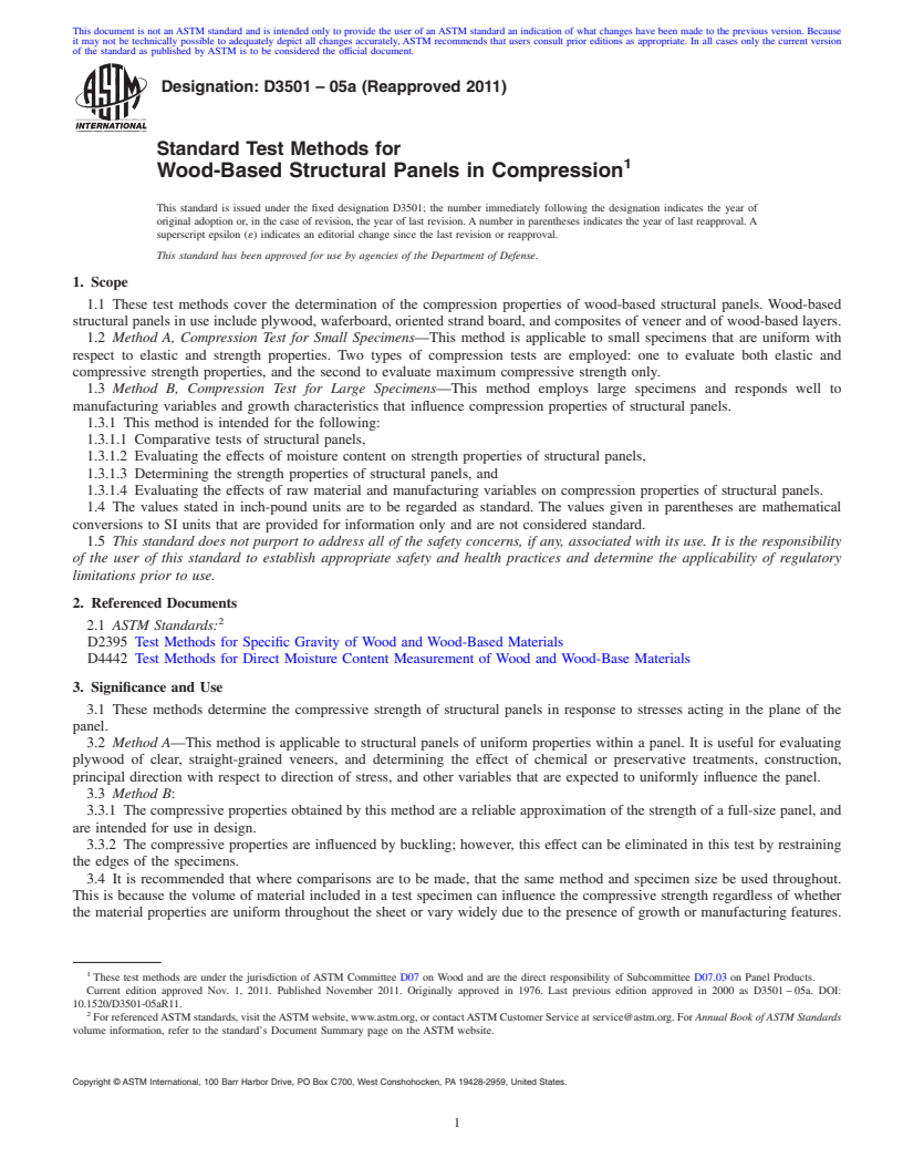 REDLINE ASTM D3501-05a(2011) - Standard Test Methods for  Wood-Based Structural Panels in Compression