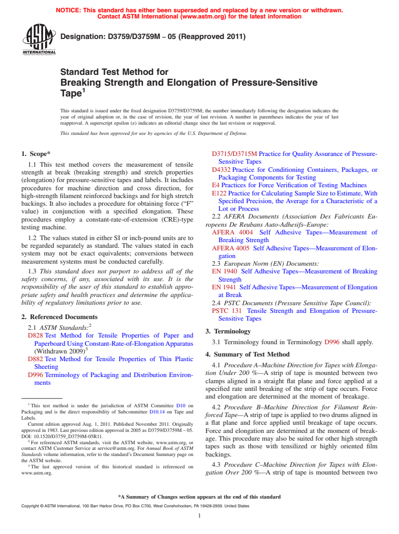 ASTM D3759/D3759M-05(2011) - Standard Test Method for  Breaking Strength and Elongation of Pressure-Sensitive Tape