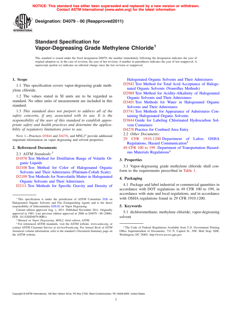 ASTM D4079-00(2011) - Standard Specification for  Vapor-Degreasing Grade Methylene Chloride