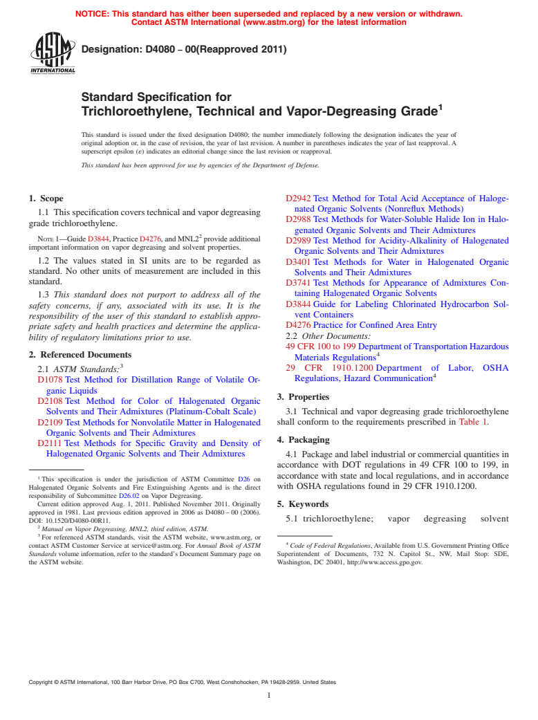 ASTM D4080-00(2011) - Standard Specification for  Trichloroethylene, Technical and Vapor-Degreasing Grade