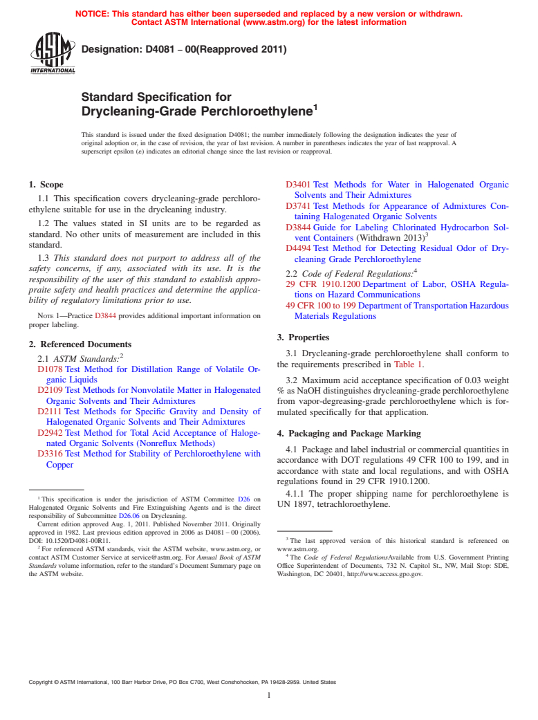 ASTM D4081-00(2011) - Standard Specification for  Drycleaning-Grade Perchloroethylene