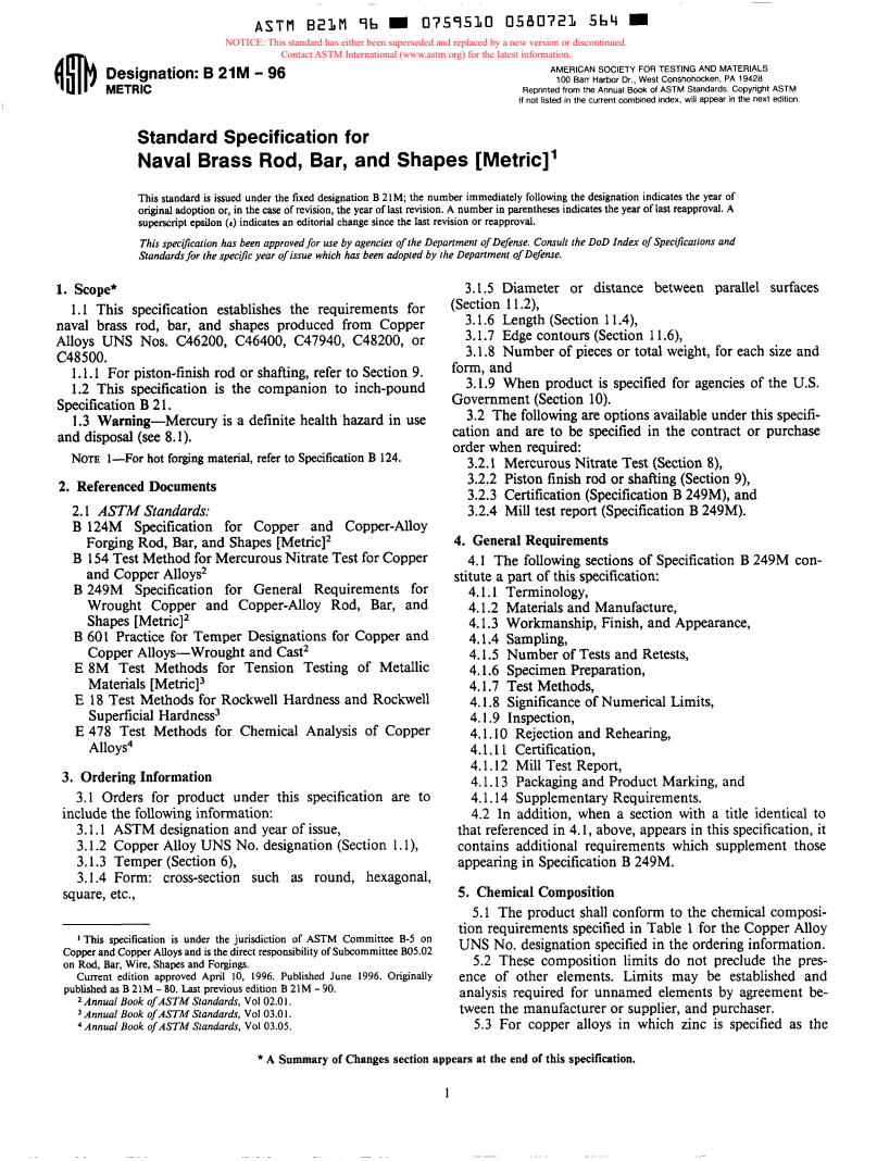 ASTM B21M-96 - Standard Specification for Naval Brass Rod, Bar, and Shapes [Metric] (Withdrawn 2001)
