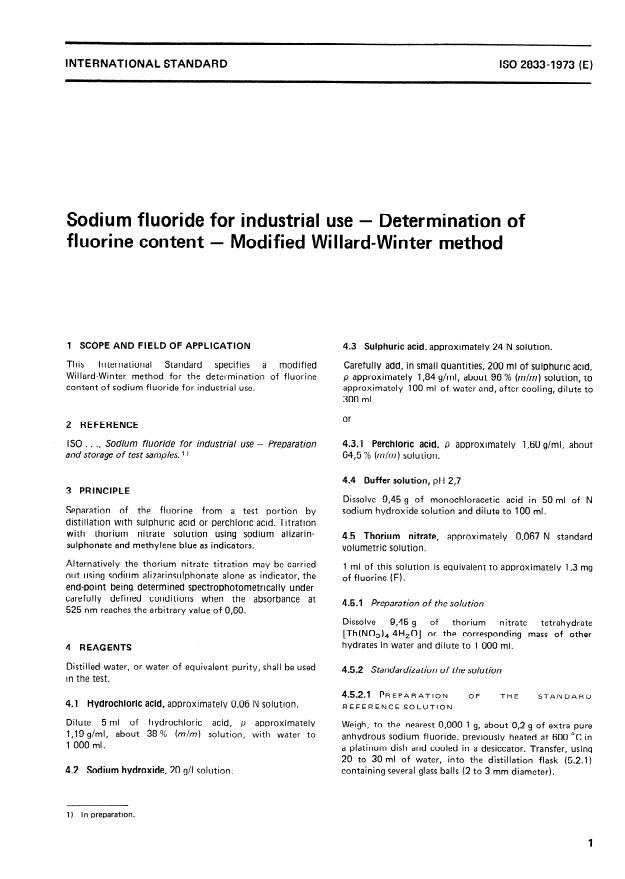ISO 2833:1973 - Sodium fluoride for industrial use -- Determination of fluorine content -- Modified Willard-Winter method