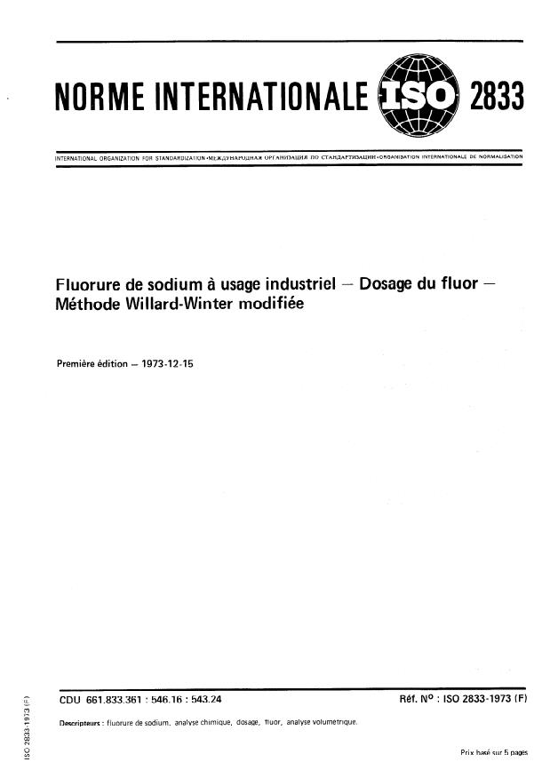 ISO 2833:1973 - Fluorure de sodium a usage industriel -- Dosage du fluor -- Méthode Willard-Winter modifiée