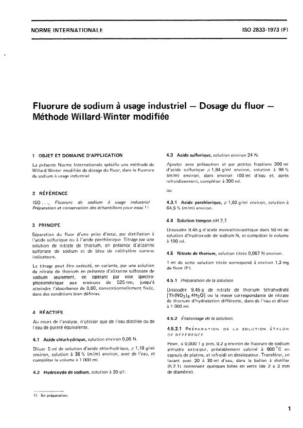 ISO 2833:1973 - Fluorure de sodium a usage industriel -- Dosage du fluor -- Méthode Willard-Winter modifiée