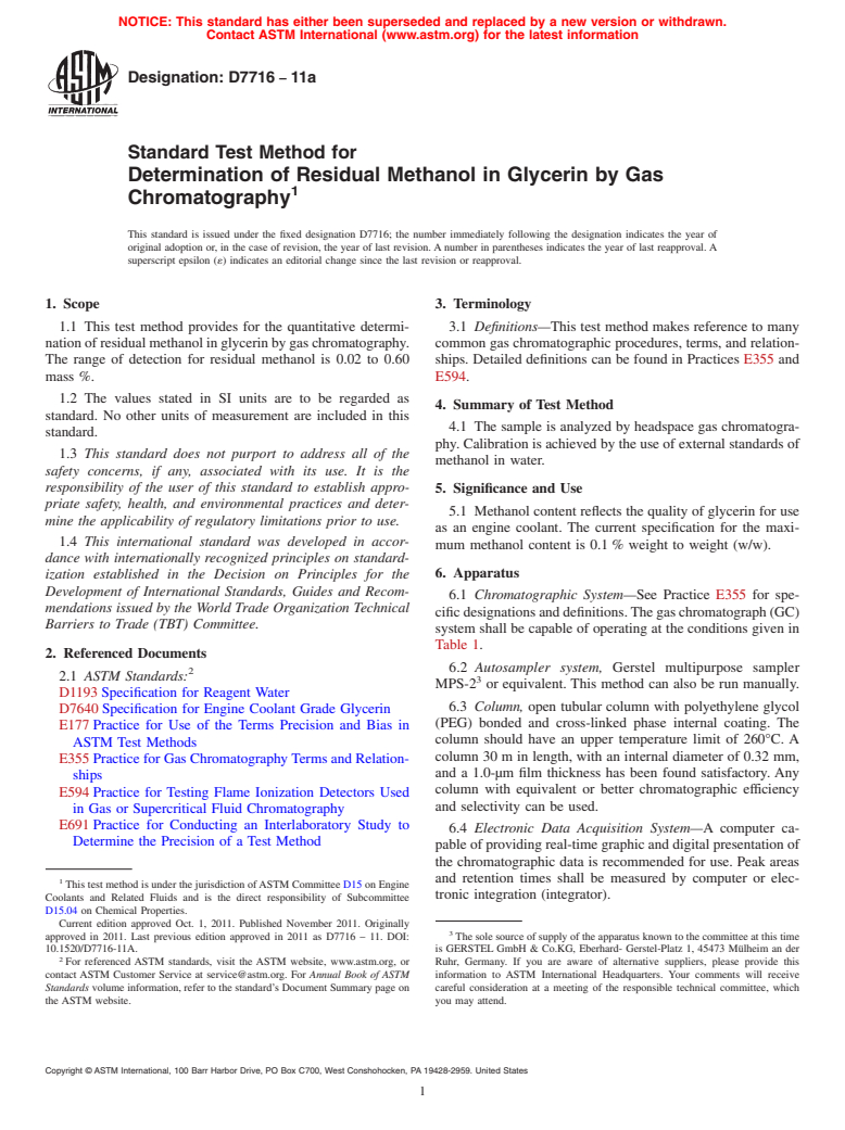 ASTM D7716-11a - Standard Test Method for Determination of Residual Methanol in Glycerin by Gas Chromatography