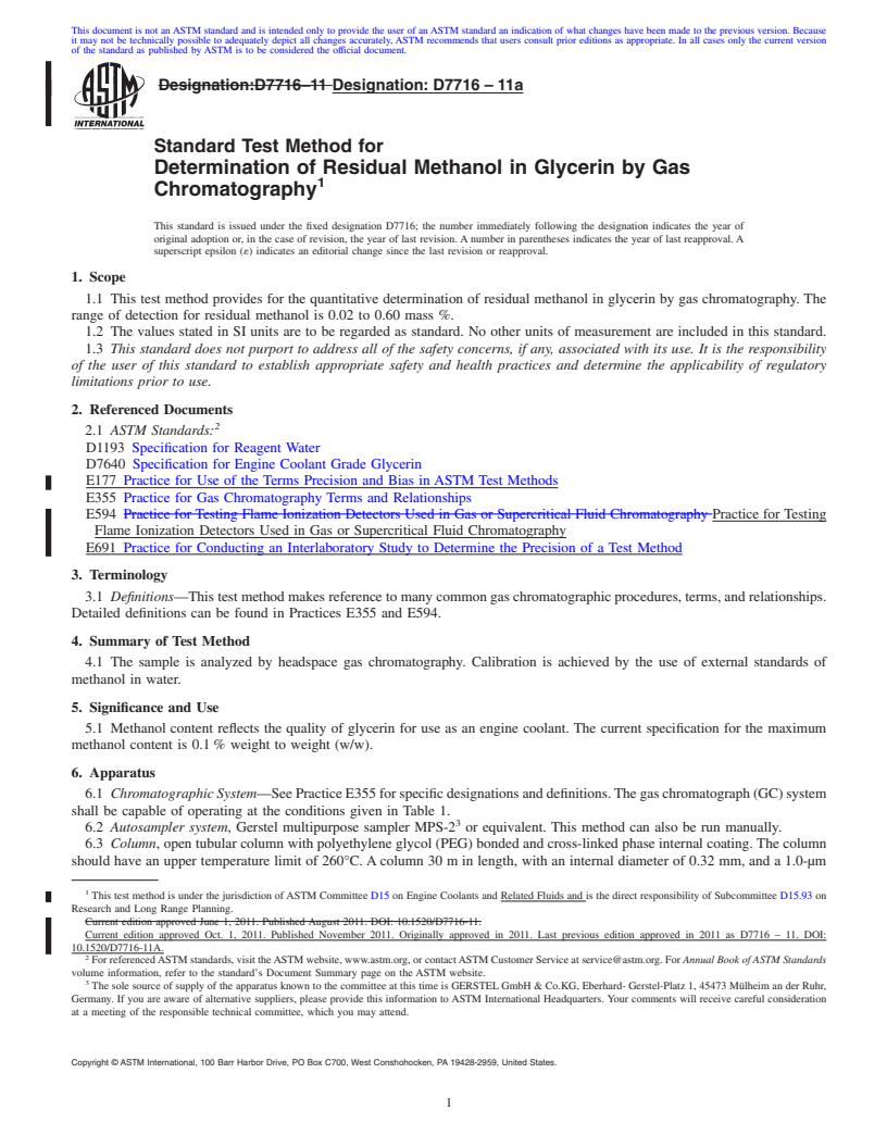 REDLINE ASTM D7716-11a - Standard Test Method for Determination of Residual Methanol in Glycerin by Gas Chromatography