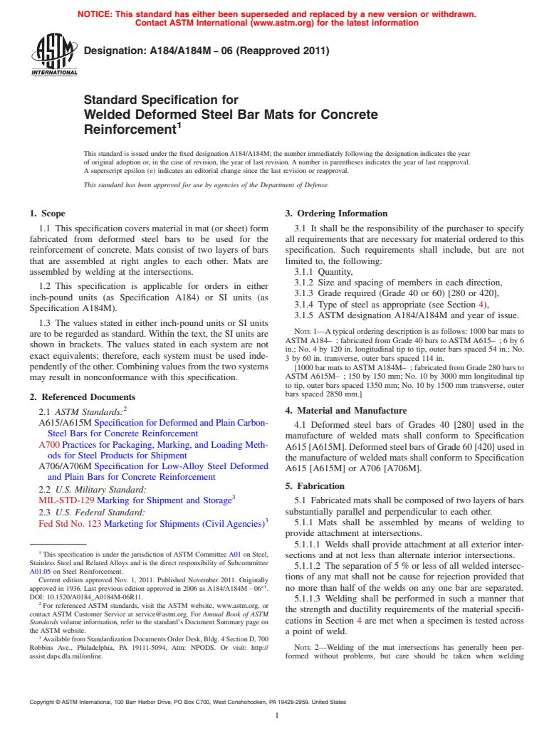 ASTM A184/A184M-06(2011) - Standard Specification for  Welded Deformed Steel Bar Mats for Concrete Reinforcement