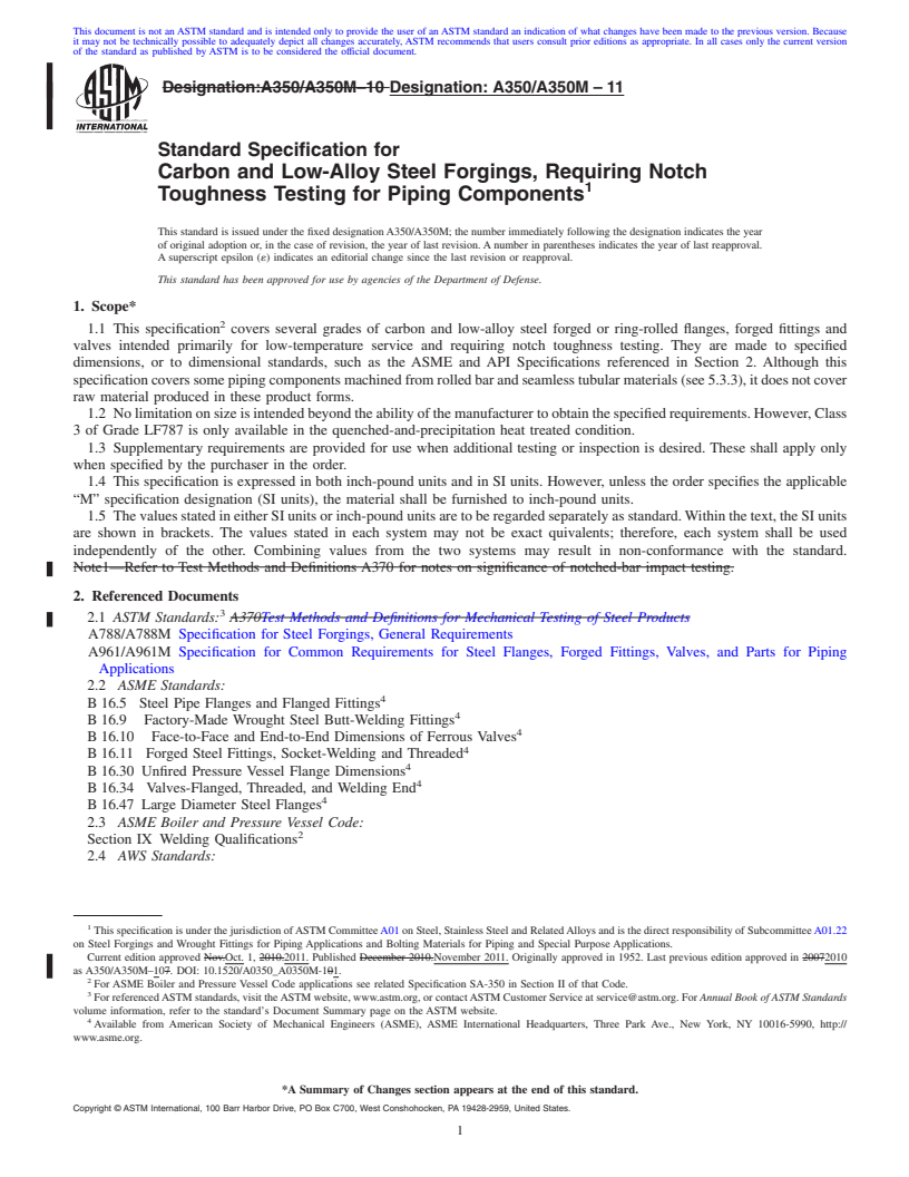 REDLINE ASTM A350/A350M-11 - Standard Specification for  Carbon and Low-Alloy Steel Forgings, Requiring Notch Toughness Testing for Piping Components