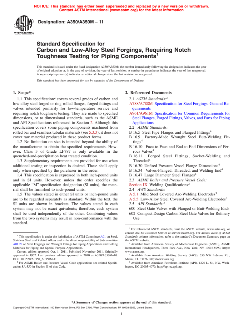 ASTM A350/A350M-11 - Standard Specification for  Carbon and Low-Alloy Steel Forgings, Requiring Notch Toughness Testing for Piping Components