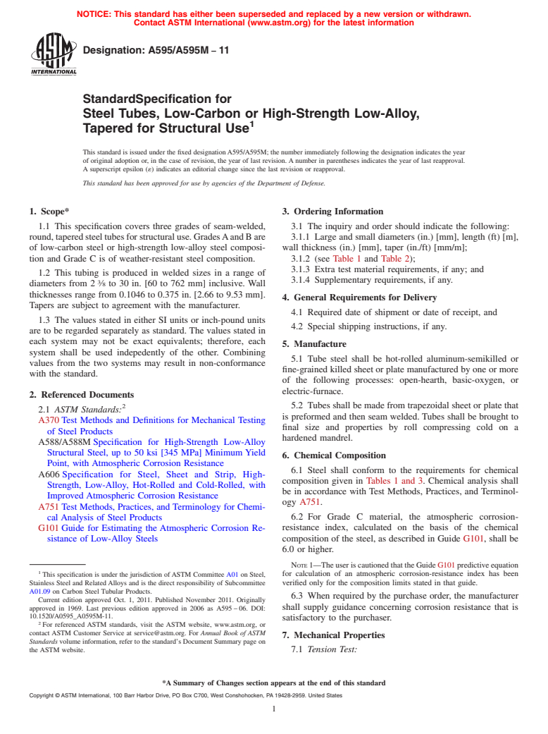 ASTM A595/A595M-11 - Standard Specification for  Steel Tubes, Low-Carbon or High-Strength Low-Alloy, Tapered for Structural Use