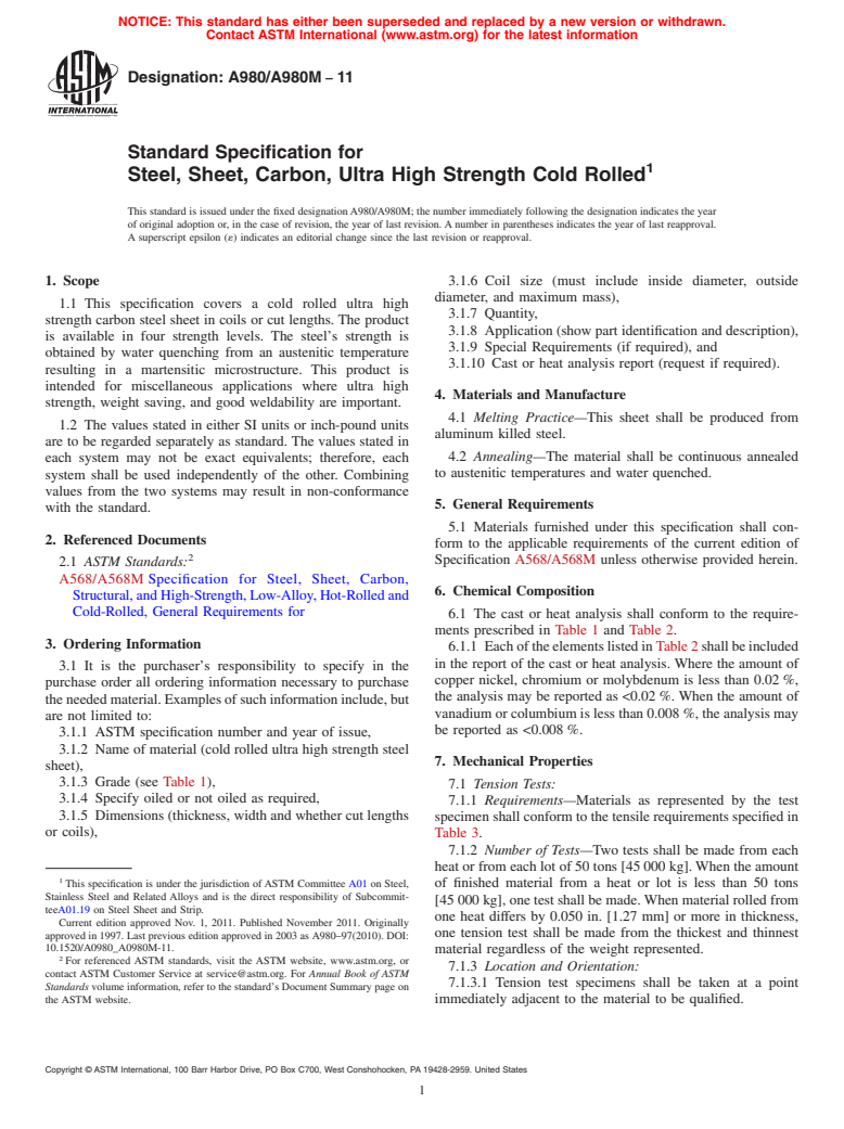 ASTM A980/A980M-11 - Standard Specification for Steel, Sheet, Carbon, Ultra High Strength Cold Rolled