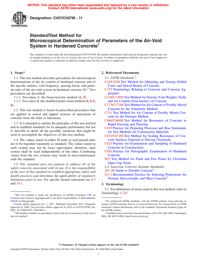 ASTM C457/C457M-11 - Standard Test Method for  Microscopical Determination of Parameters of the Air-Void System in Hardened Concrete