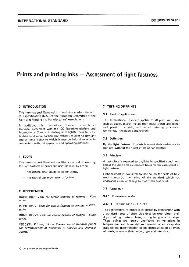ISO 2835:1974 - Prints and printing inks -- Assessment of light fastness