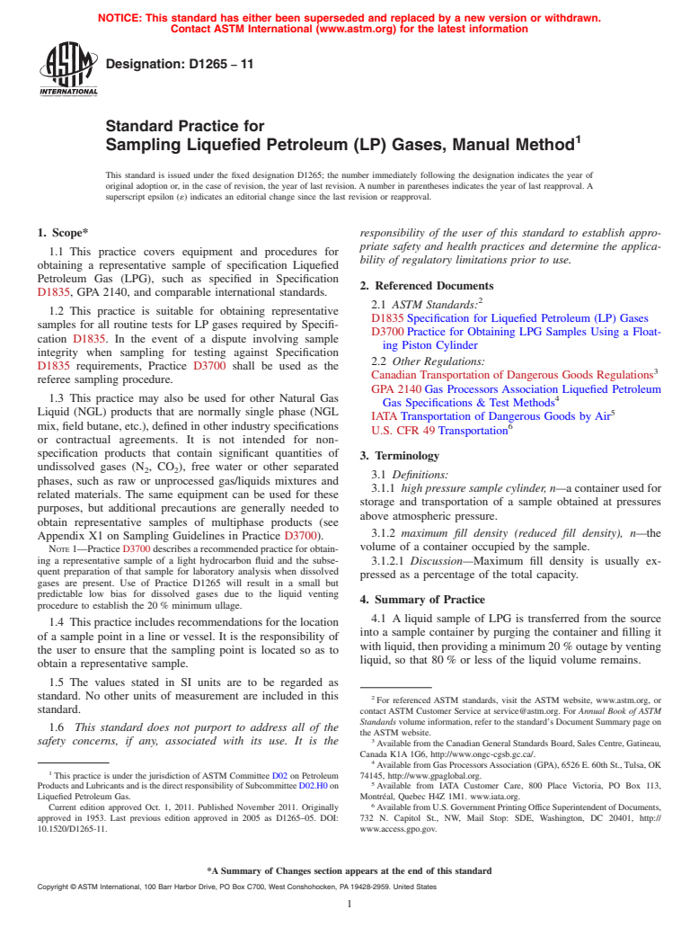 ASTM D1265-11 - Standard Practice for Sampling Liquefied Petroleum (LP) Gases, Manual Method