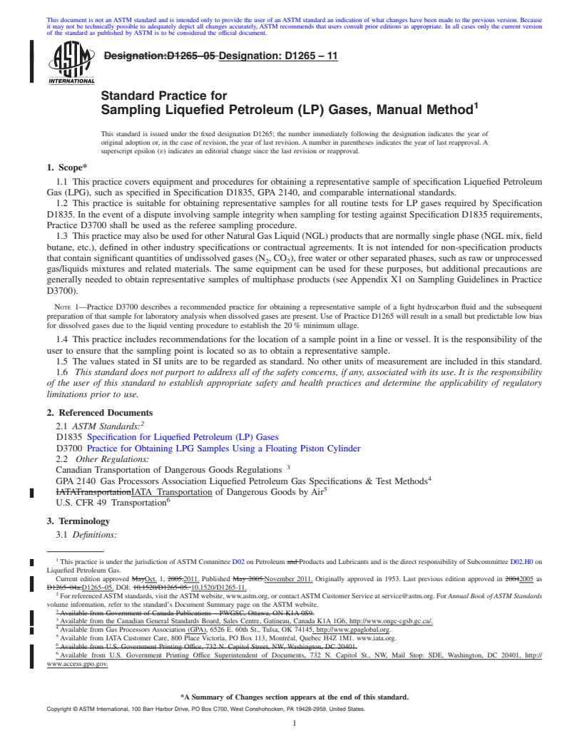 REDLINE ASTM D1265-11 - Standard Practice for Sampling Liquefied Petroleum (LP) Gases, Manual Method