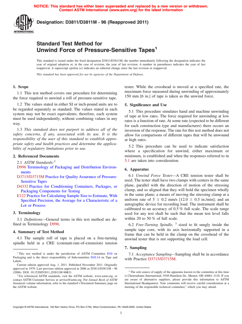 ASTM D3811/D3811M-96(2011) - Standard Test Method for Unwind Force of Pressure-Sensitive Tapes