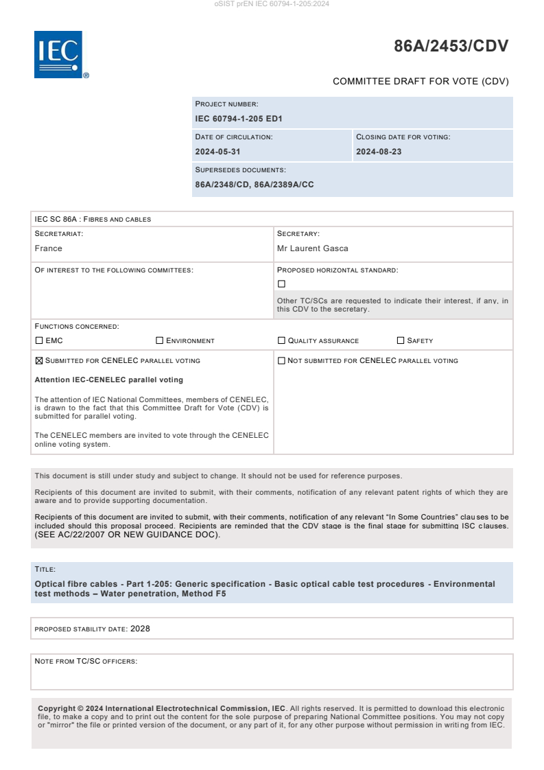 oSIST prEN IEC 60794-1-205:2024 prEN IEC 60794-1-205:2024 - BARVE